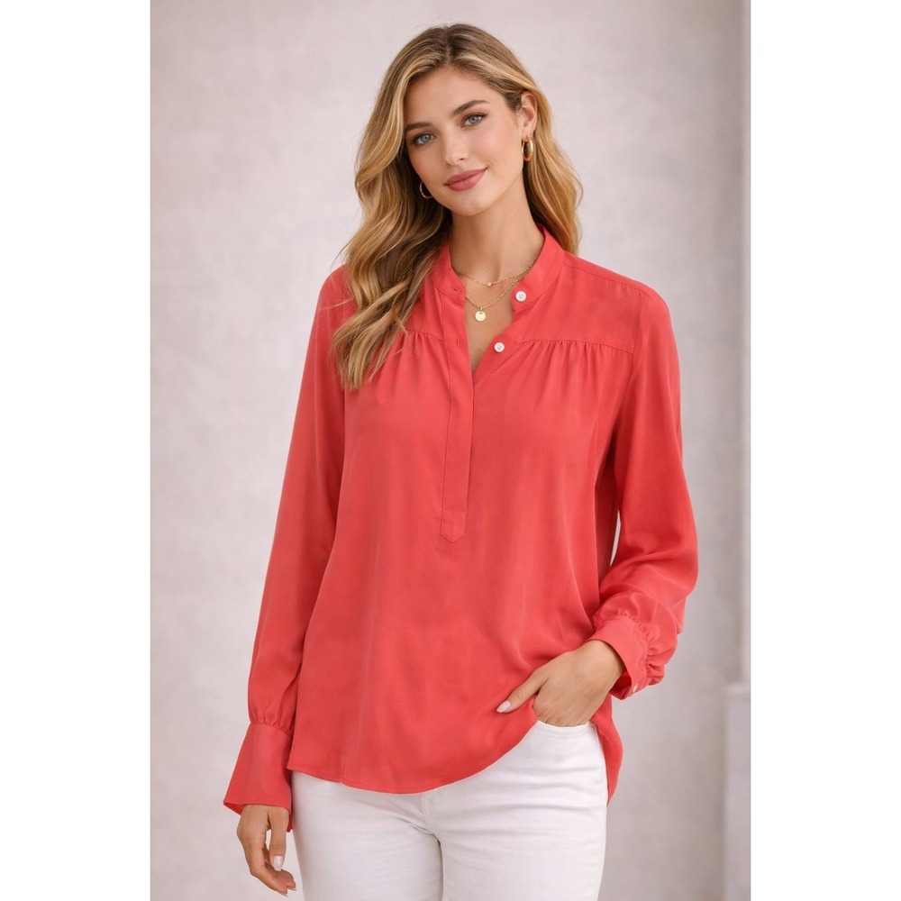 J.CREW 100% Silk Blouse Coral Pink Long Sleeve Split Neck Button Cuff Women 8